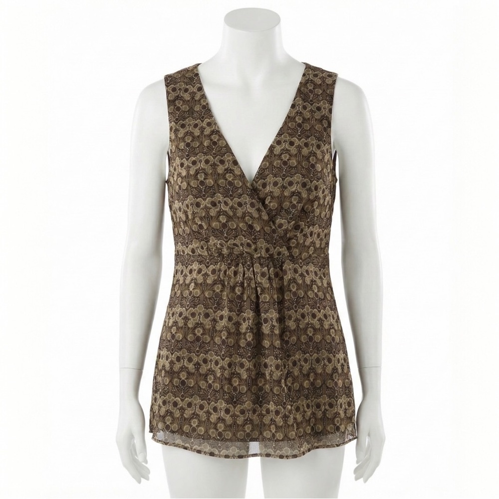Michael Kors Brown Geometric Medallion Print Sleeveless Surplice Blouse Top